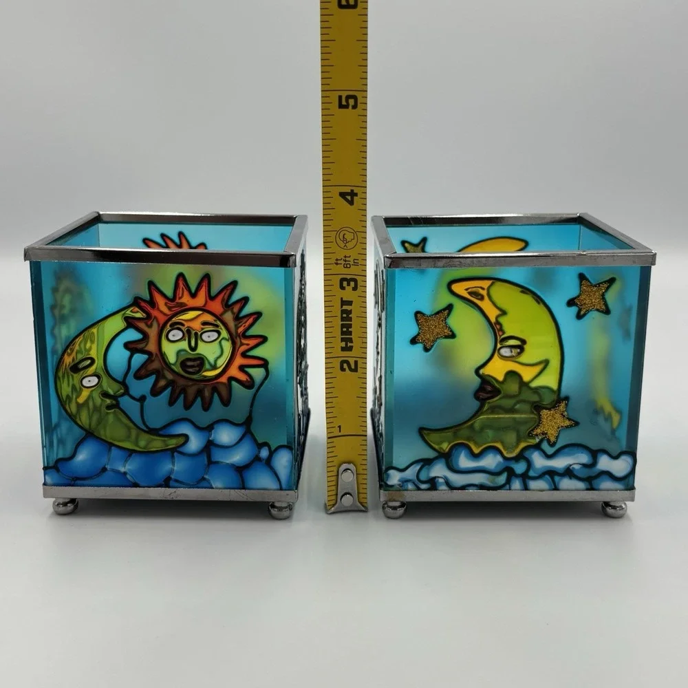 VINTAGE CELESTIAL SUN & MOON VOTIVE BURNERS CANDLE HOLDERS LOT OF 2